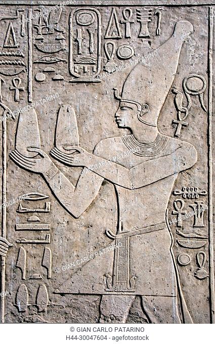Luxor, Karnak, Egypt.Temple of Karnak sacred to god Amon: the pharaoh offering to god Horus