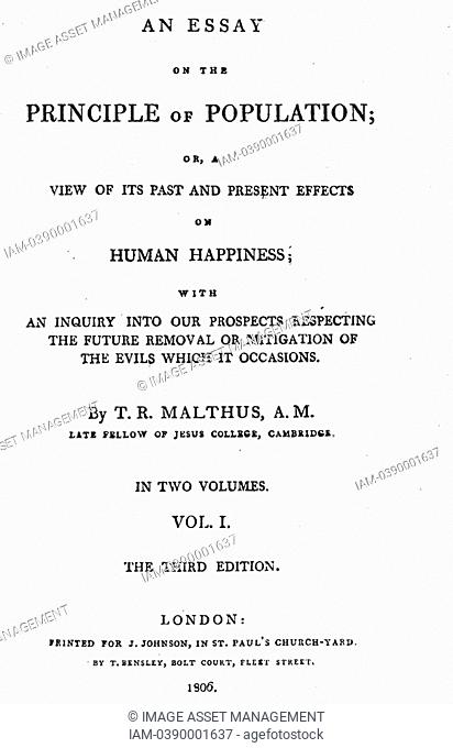 Title page of first volume of third edition 1806 of Malthus 'Essay on the Principle of Population': first edition 1798  Thomas Robert Malthus 1766-1834 English...