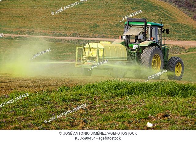 Tractor spraying field. Axarquia. Málaga province. Andalucia. Spain
