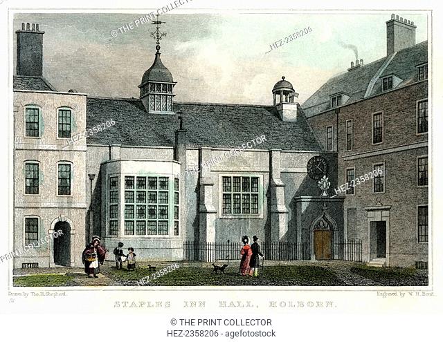 Staple Inn Hall, Holborn, London, 1830. Dating from 1585, Staple Inn is the only surviving Inn of Chancery