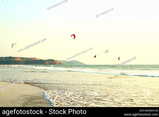 India, GOA - 21 February, 2013: People ride on Kitesurf at sea in Goa