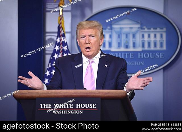 United States President Donald J. Trump speaks at a Coronavirus briefing at the White House on Friday, April 10, 2020, in Washington, DC. With the U.S