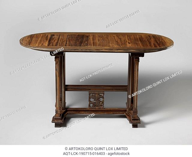 Coromandel wood table, inlaid with pewter piping, inlaid with pewter piping. The framed square colonets and the wide profiled central pillars of the frame are...