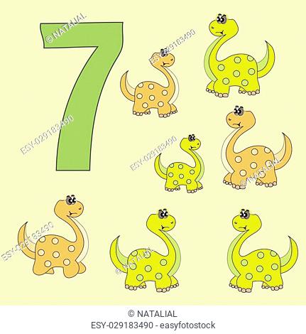 A poster for primary numeracy. Number seven. Next to the number seven dinosaurs