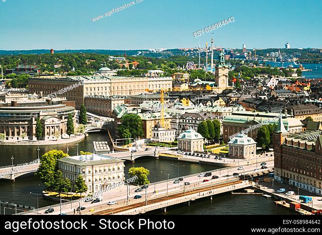 Stockholm, Sweden. Great Church In Cityscape Skyline. Elevated View Of City Center