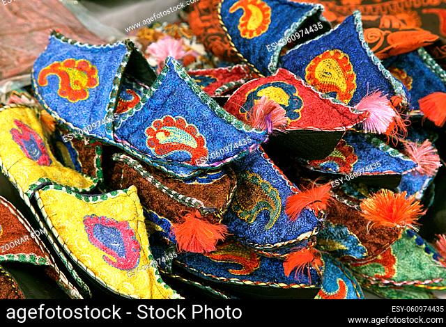 Colorful Uzbek traditional slippers at a market