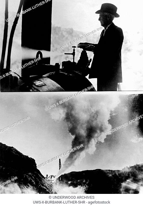 Sonoma County, California: March 10, 1925.In the upper photograph, Luther Burbank turns on a steam turbine electro generator