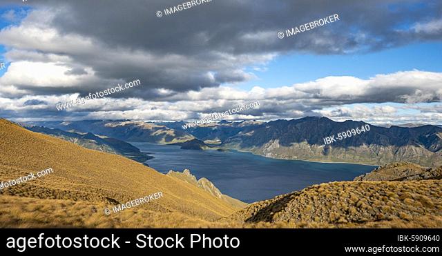 View of Lake Hawea, lake and mountain landscape, view from Isthmus Peak, Otago, South Island, New Zealand, Oceania