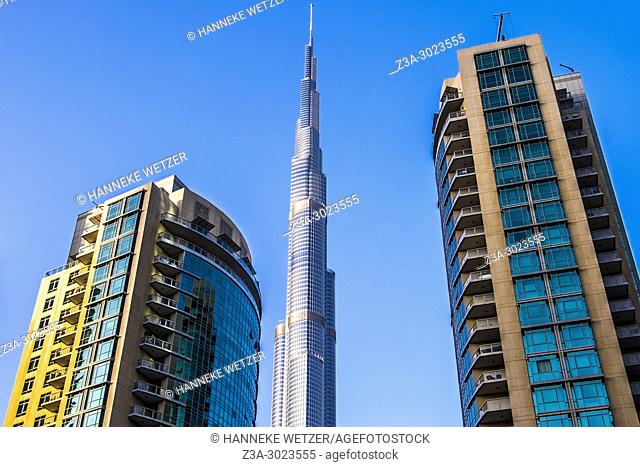 Burj Khalifa seen through supertall skyscrapers in Dubai
