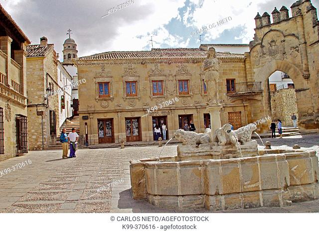 Fuente de los leones (Lion's fountain) and Escribanías públicas at background. Historic city of Baeza. Andalucia. Spain