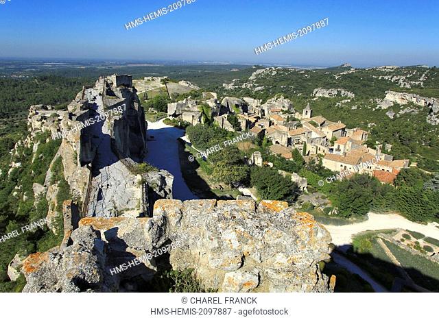 France, Bouches du Rhone, Les Baux de Provence, labeled Les Plus Beaux Villages de France (the Most Beautiful Villages of France), village seen from the castle