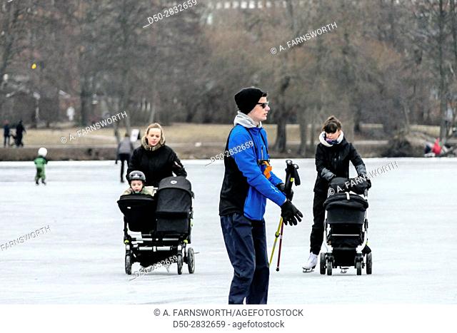 STOCKHOLM, SWEDEN Ice skating on Trekanten lake in Liljeholmen
