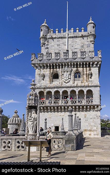 Lisbon, Portugal. The 16th century Torre de Belem or Tower of Belem. The tower seen from the bulwark terrace. The tower is an important example of Manueline...