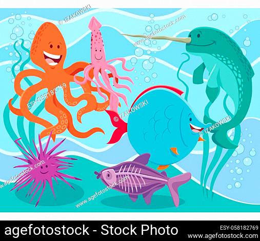 Cartoon illustration of funny marine animals comic characters group