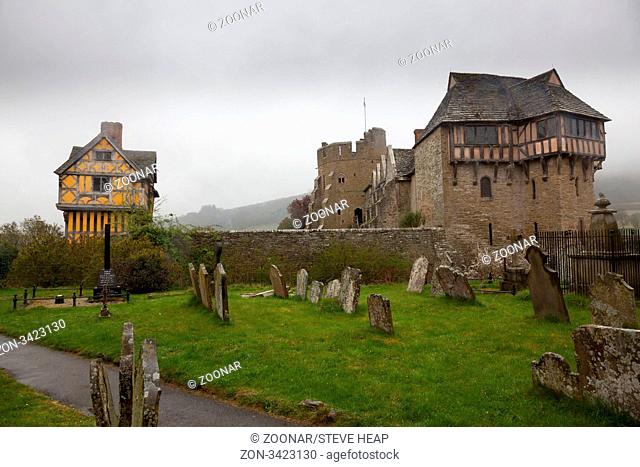 Stokesay Castle in England on damp raining day from cemetery