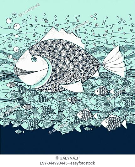 marine life little fish in decorative style. hand drawn vector illustration