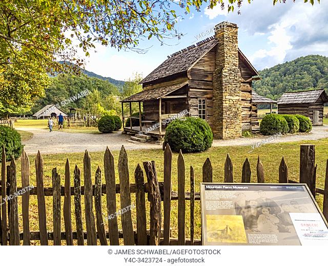 Mountain Farm Museum at the Oconaluftee Visitor Center in the Great Smoky Mountains National Park in Cherokee North Carolina