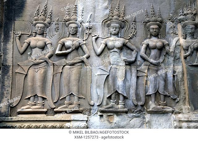 Apsara celestial dancers sculpted  Angkor Wat temple  Cambodia, Asia