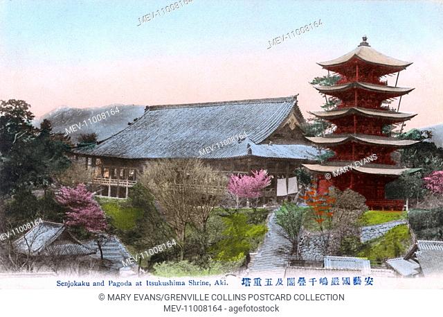 The Senjokaku Hall (an auxiliary shrine of Itskushima dedicated to Toyotomi Hideyoshi) and Five-tiered Pagoda at the Itsukushima Shrine - a Shinto shrine on the...