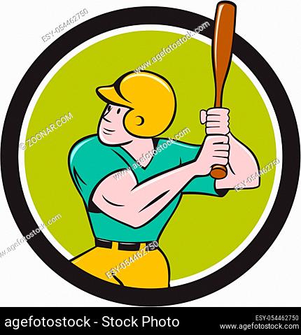 Illustration of an american baseball player batter hitter with bat batting set inside circle done in cartoon style isolated on background