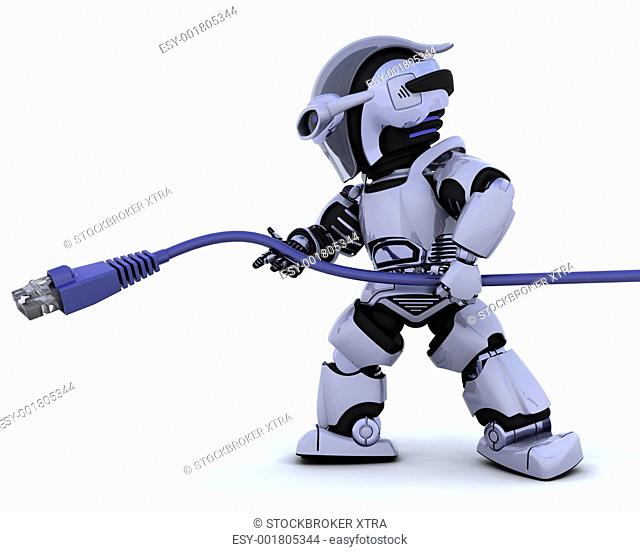 3D Render of a robot with RJ45 network cable