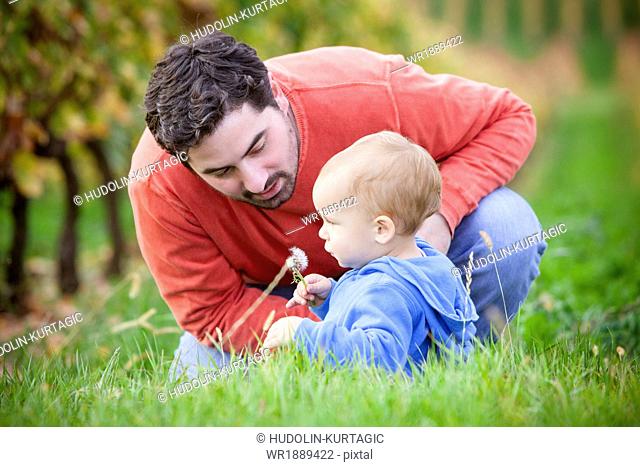 Father with son sitting in the grass, Osijek, Croatia