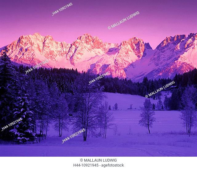 Austria, Europe, Tyrol, Kitzbühel, schwarzsee, iceboundly, winter, morning, scenery, Wilder Kaiser, Kaiser mountains, morning light, snow, mountains, mood