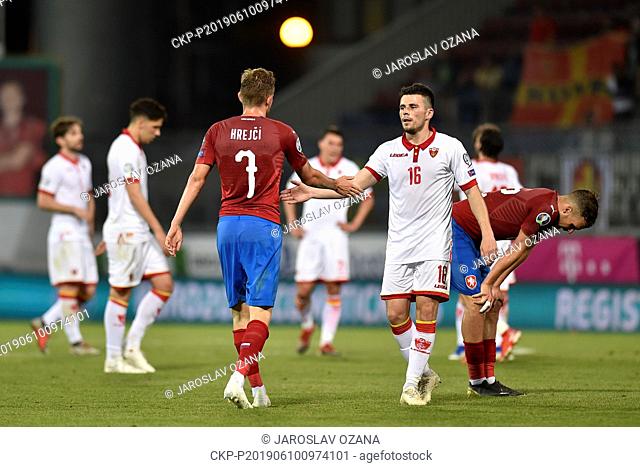 L-R Ladislav Krejci (CZE) and Vladimir Jovovic (MNE) are seen after the Football Euro Championship 2020 group A qualifier Czech Republic vs Montenegro in...