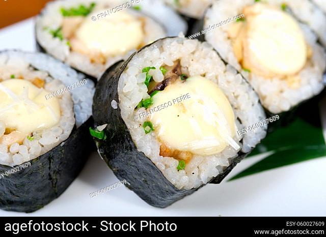macro closeup of fresh sushi choice combination assortment selection