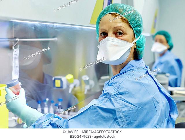Preparation of drugs in laminar flow hood, epidural anesthesia, Clean room, Pharmacy, Hospital Donostia, San Sebastian, Gipuzkoa, Basque Country, Spain