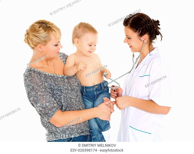 The female doctor with a stethoscope and young mother with little son stand on a white background. Healthcare