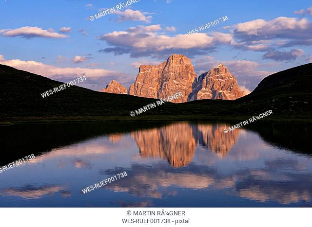 Italy, Province of Belluno, Dolomites, Selva di Cadore, Monte Pelmo at sunset