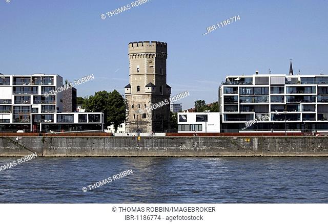 Residential buildings, galleries and historic Bayenturm tower at the Rheinauhafen harbour, Cologne, Rhineland, North Rhine-Westphalia, Germany, Europe