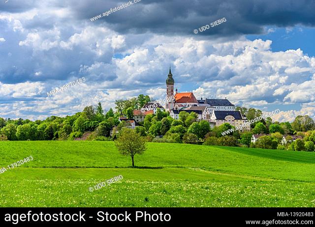 Germany, Bavaria, Upper Bavaria, Fünfseenland, Andechs, spring landscape with Andechs Monastery
