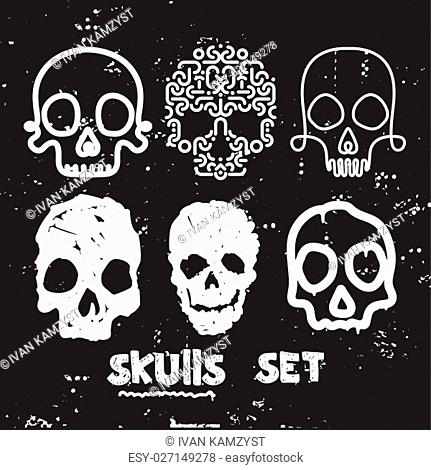 Collection Of hand drawn doodle cute stylized skulls In monochrome. Universal vector skulls set, Illustrations for typography, textile, website, design