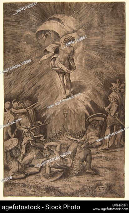 The resurrection of Christ, holding a banner in his right hand, soldiers surrounding the tomb, some falling away. Artist: Giulio Bonasone (Italian