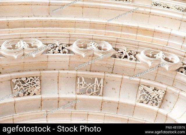 France, Bourg en Bresse, frieze on the pediment of the door of the Royal Monastery of Brou with the initials of Philibert and Marguerite intertwined