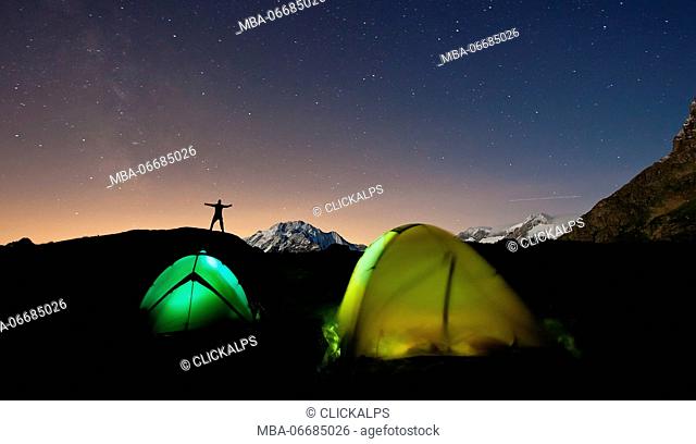 Mount Disgrazia and the Milky Way: magical moments for those who spend the night in a tent. Malenco Valley Lombardy Italy Europe