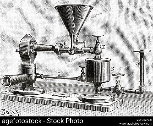 Sandblasting machine from the late XIX century. Old 19th century engraved illustration from La Nature 1893