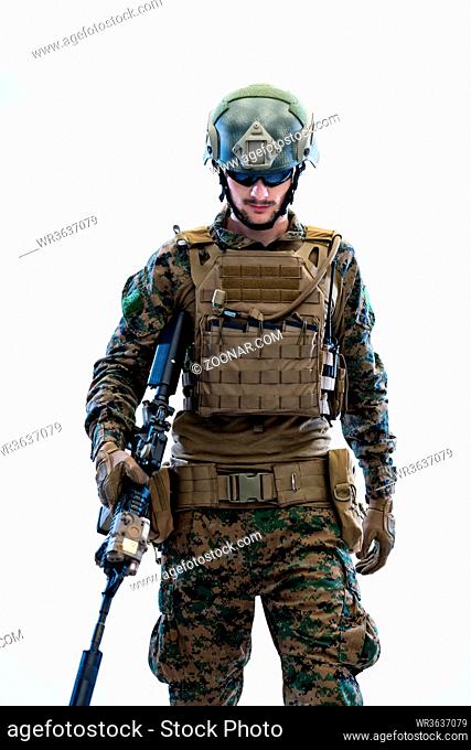 american marine corps special operations modern warfare soldier with fire arm weapon and protective army tactical gear ready for battle