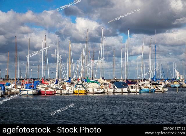 Copenhagen, Denmark - October 03, 2018: Sailboats anchored at Kastrup sailboat harbour