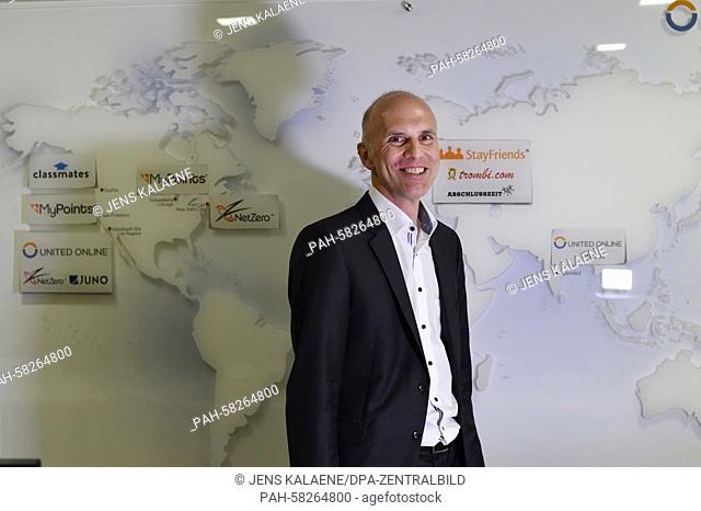 Michel Lindenberg, CEO of StayFriends.de, in front of a world map in Berlin, Germany, 29 April 2015. StayFriends is a social media website that helps to find...