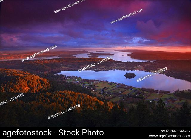 Sunset Over Lake Campbell and the San Juan Islands From the Summit Of Mt Erie on Fidalgo Island in Anacortes Washington