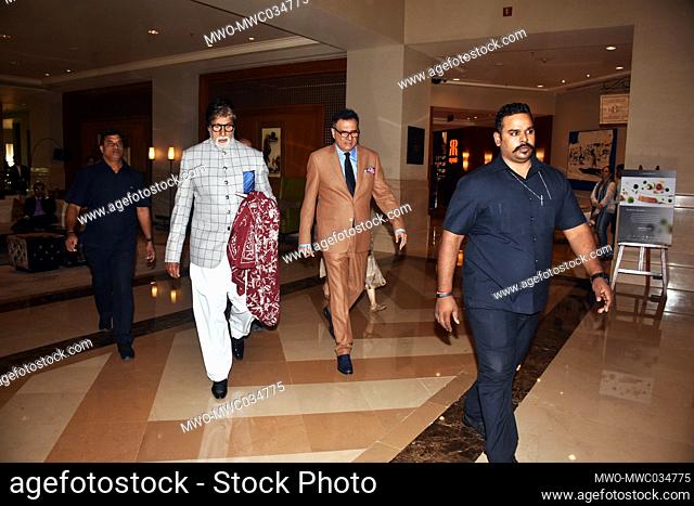 Actor Boman Irani (R) with actor Amitabh Bachchan (L) seen at the launch of Irani's production house 'Irani Movietone' at hotel JW Marriott juhu, Mumbai, India