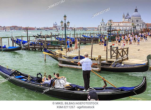 Gondolas in St Mark's Square pier. Venice, Italy. Europe