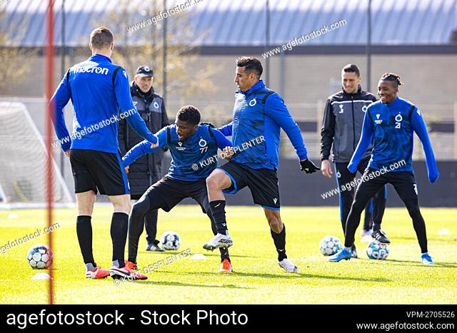 Club's Clinton Mata and Club's Nabil Dirar fight for the ball during a training session of Jupiler Pro League team Club Brugge, Thursday 22 April 2021 in Brugge