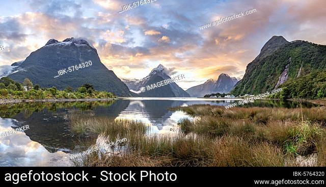 Mitre Peak, reflection in water, sunset, Milford Sound, Fiordland National Park, Te Anau, Southland, South Island, New Zealand, Oceania
