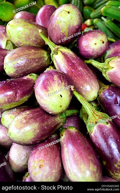 Raw ripe Eggplant display at Vegetable Stall of Local Market at Little India, Singapore