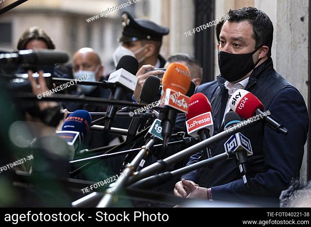 Leader of Lega party Matteo Salvini makes statements to journalists at the end of the Lega's Political Secretariat , Rome, ITALY-04-02-2021