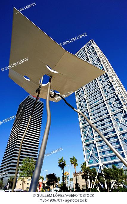 Mapfre tower and Hotel Arts with the David and Goliath sculpture in Barcelona, Spain